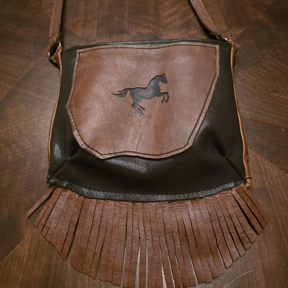 Tobaccoand Brown Leather Fringe Bag 10 X 9 INCH